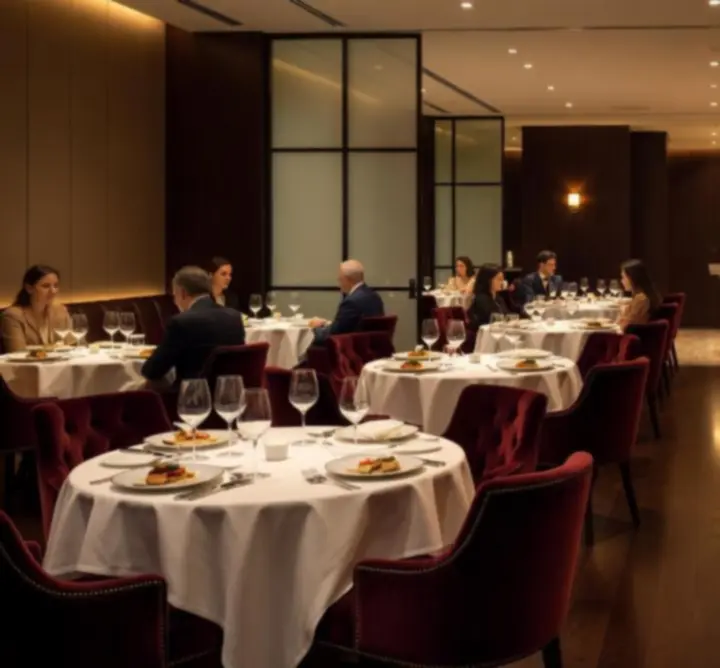 Vedere panoramică a sălii Royal Deal Restaurant cu zonă de dining și mese de poker iluminate elegant