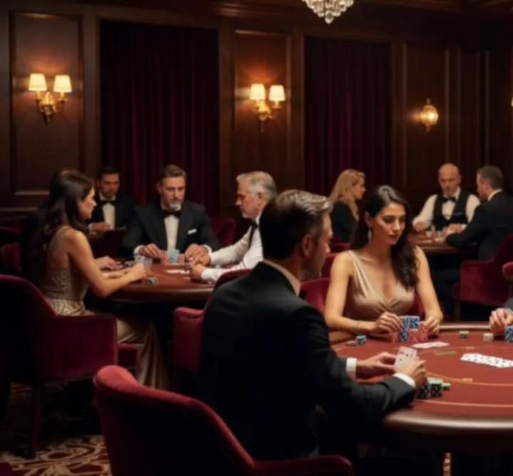 Poker Lounge Royal Deal într-o seară cu jucători și lumini ambientale verzi și aurii