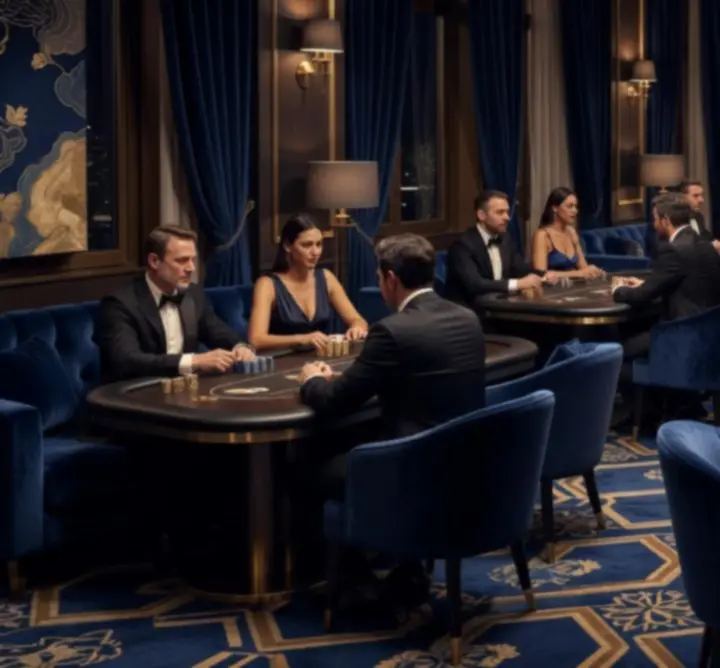 Interior elegant Royal Deal Poker Lounge cu mese de poker iluminate