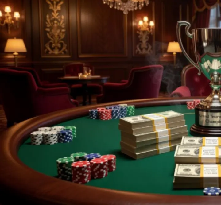 Masa de poker cu jetoane și premii pentru turneu în lounge-ul Royal Deal