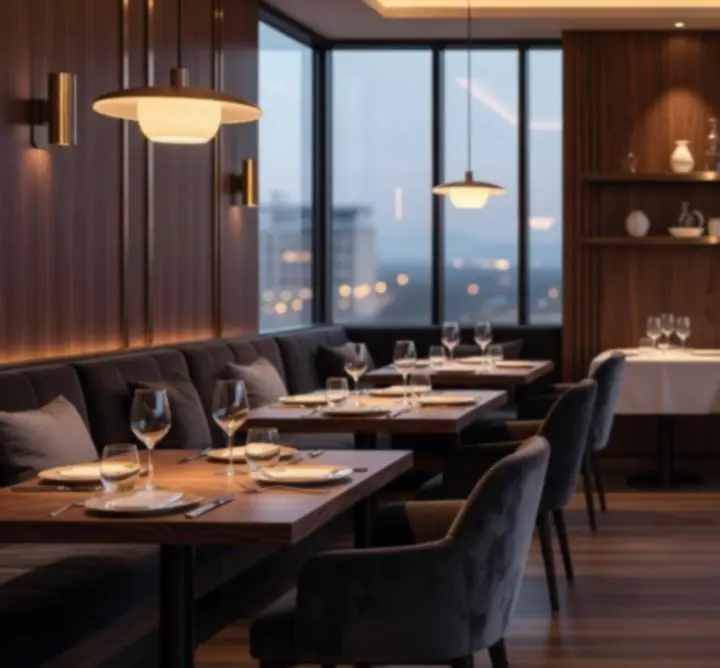 Interior elegant Royal Deal Restaurant cu lumină caldă și mese fine dining