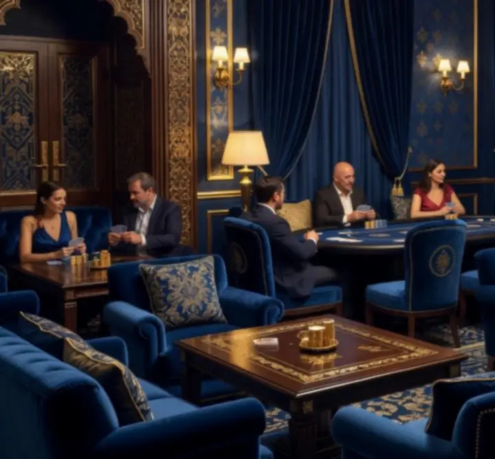 Lounge de poker sofisticat cu mese de joc iluminate discret